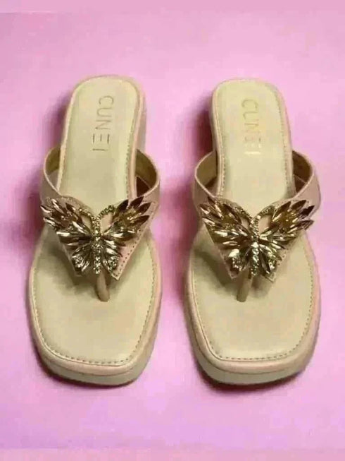 Salmon Pink Butterfly Jewelled Wedges - cunei